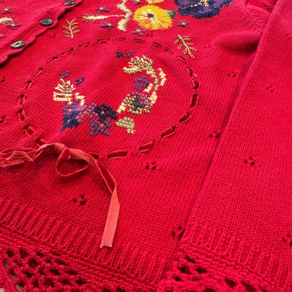 Vintage 1995 Susan Bristol Hand Embroidered Red Cardigan Size S - Picture 5 of 12